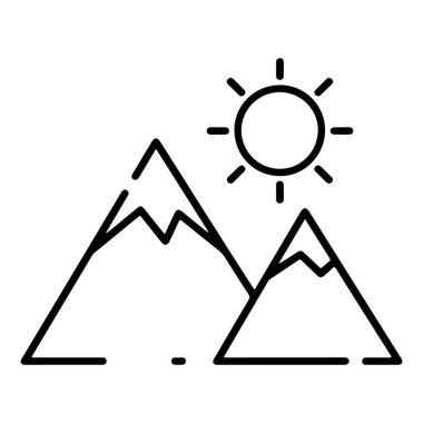 Minimalist bir çizgi, parlak güneşin altında iki karlı dağı betimliyor..