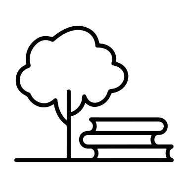 Basit bir çizgi düz bir yüzeyde bir yığın kitabın yanında bir ağaç gösterir..