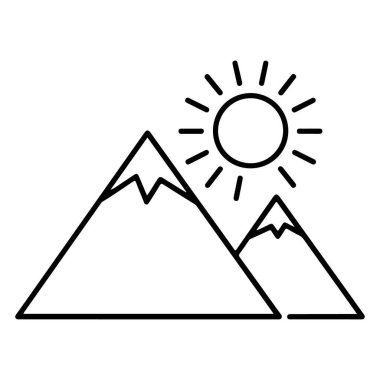 Işıl ışıl bir güneşin altında iki karlı dağın minimalist çizimi..