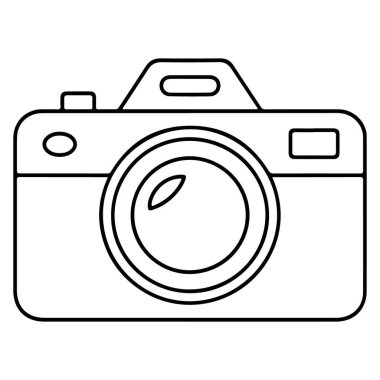 Klasik bir fotoğraf makinesinin ön görüntüsünün minimalist siyah beyaz çizgisi..