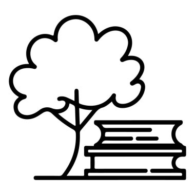 Bir minimalist satır sanat illüstrasyonu bir kitap yığınının yanında bir ağaç tasvir eder, açık havada okumayı veya öğrenmeyi önerir..