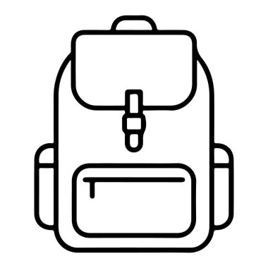 Cepleri ve kayışları olan klasik bir sırt çantasının minimalist siyah beyaz çizimi.