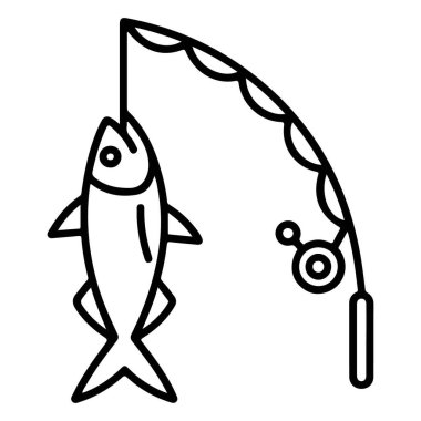 Eğri büğrü bir oltaya asılmış balığın minimalist siyah beyaz çizimi..