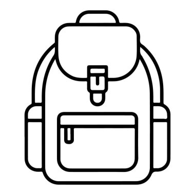 Kapağı ve ön cebi olan geleneksel bir sırt çantasının minimalist çizimi.