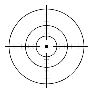 Eş merkezli daireler ve nişan işaretleri olan bir çapraz gölgenin siyah ve beyaz çizimi.