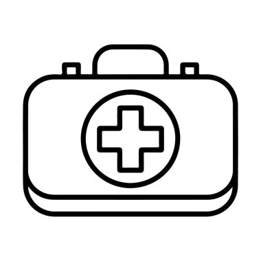 Çapraz sembollü klasik bir tıbbi ilk yardım çantasının minimalist siyah beyaz tasviri..