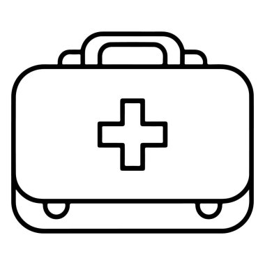 Üzerinde kırmızı haç sembolü olan klasik bir ilk yardım çantasının minimalist, siyah ve beyaz çizgisi..