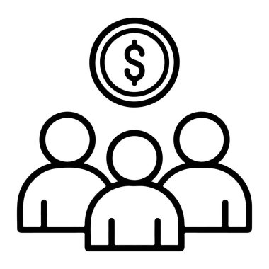 Bir madeni para işaretinin altındaki üç kişiyi tasvir eden minimalist bir ikon, toplu mali kazancı simgeliyor..