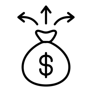 Dolar işaretli para çantasının basit bir çizgisi sanat simgesi ve dağılımı gösteren oklar..