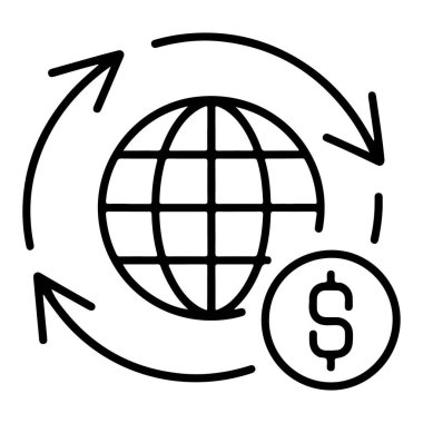 Küresel finansal işlemleri temsil eden bir simge ve oklarla çevrili bir dolar para..