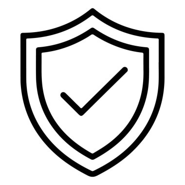 Güvenlik, güvenlik ve doğrulamayı sembolize eden, içinde kontrol işareti olan bir kalkanın basit bir siyah beyaz çizgi resim simgesi.