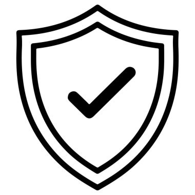 Korunma ve doğrulamayı sembolize eden, içinde kontrol işareti olan basit bir siyah beyaz çizgi çizimi.