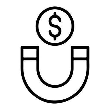 At nalı mıknatısı çizen basit bir çizgi sanat simgesi. Bir dolar işareti ile bozuk para çiziyor..