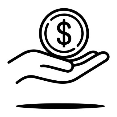 Bir dolar işaretiyle madeni parayı destekleyen açık bir elin basit bir çizimi.