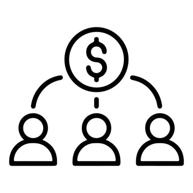 Üç stilize insan figürüne bağlı merkezi dolar işaretini temsil eden bir simge, finansal dağılım veya bağlantıyı sembolize ediyor.