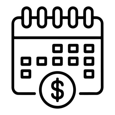 Dolar işaretli bir takvimi tasvir eden basit bir çizgi sanat simgesi, finansal planlamayı ve zamanlamayı sembolize ediyor.