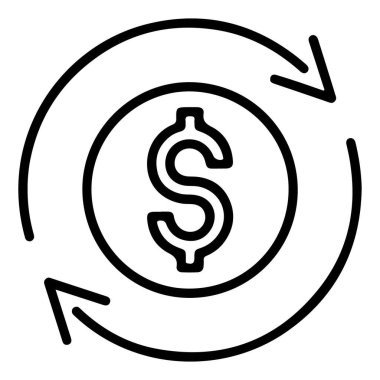 Değişim veya akışı temsil eden dairesel ok sistemi içinde bir dolar sikkeyi gösteren basit bir çizgi resim simgesi.