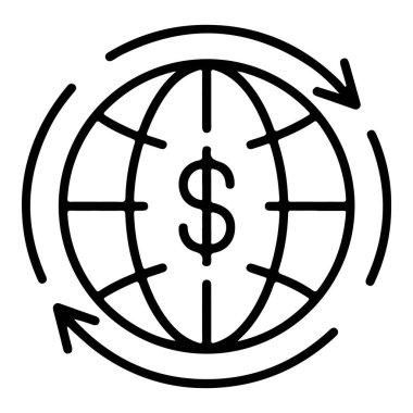 Bir dolar işareti ve takası gösteren dairesel oklarla bir dünyayı tasvir eden basit bir çizgi sanat simgesi.