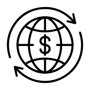 Değişimi gösteren dairesel bir okla çevrili dolar işareti olan bir küre tasvir eden siyah beyaz bir ikon..
