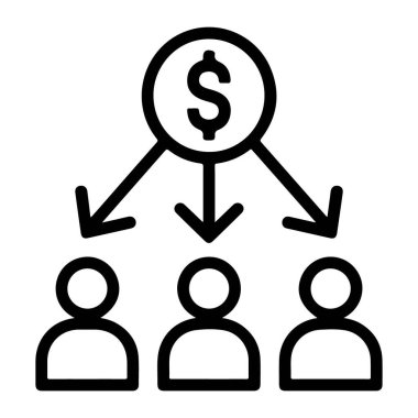 Çemberde bir dolar işareti gösteren bir simge. Oklar üç kişiyi gösteriyor..