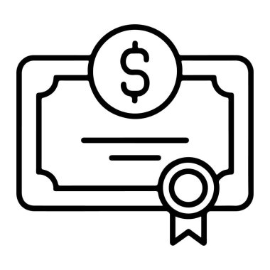 Bir dolar işareti ve mühür ile finansal sertifikayı temsil eden basit bir çizgi resim simgesi.