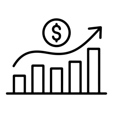 Basit bir çizgi yukarı doğru ok ve dolar işareti ile artan finansal büyümeyi gösteren bir çubuk grafik çizer.