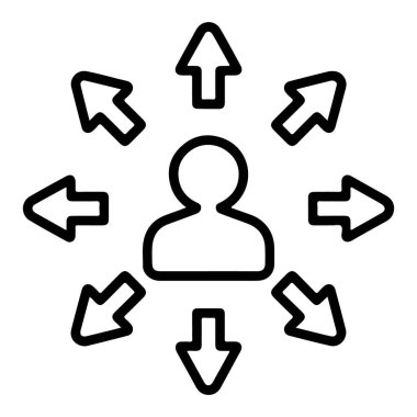 Her yöne doğru hareket eden oklarla çevrili stilize bir figür. Etki veya bağlantıyı temsil eder.