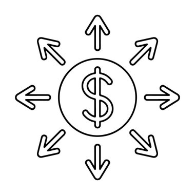 Dağıtımı veya genişlemeyi sembolize eden, her yöne yayılmış okları olan stilize edilmiş bir dolar sikkesi..