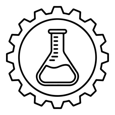 Bir dişlinin içinde bilim ve endüstriyi sembolize eden bir laboratuvar şişesi bulunan siyah beyaz bir ikon..