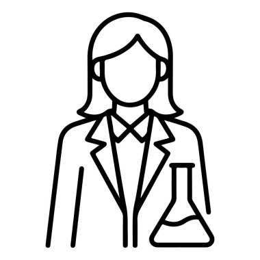 Laboratuvar önlüğü giyen ve elinde deney şişesi tutan bir bilim adamının basit bir çizgisi..