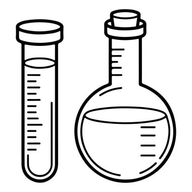 İki parça bilimsel cam, bir test tüpü ve yuvarlak bir şişe, sıvı içerir ve ana hatlarıyla tasvir edilir..