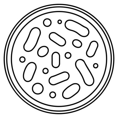 Petri kabı içindeki çeşitli çubuk şekilli ve dairesel bakteri kültürlerinin basit bir siyah beyaz çizimi.