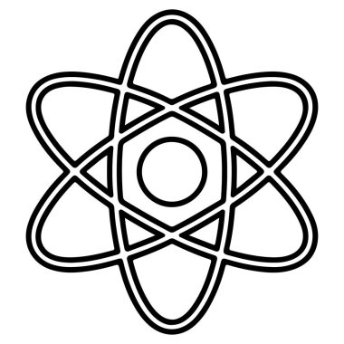 Merkezi çekirdeği ve kesişen yörünge yolları olan bir atom sembolünün siyah ve beyaz çizimi.