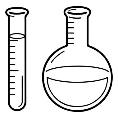 Bir test tüpü ve sıvı içeren yuvarlak bir alttaki şişenin siyah beyaz çizimi.