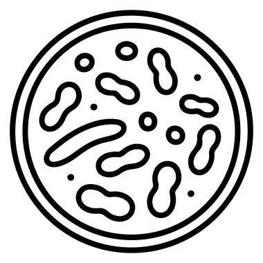 Dairesel bir petri kabı içindeki çeşitli şekilli mikroorganizma ve hücrelerin stilize edilmiş siyah ve beyaz çizimi.