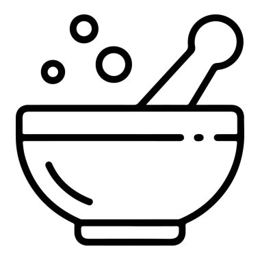 Havan topu ve üzerinde küçük daireler bulunan basit bir çizgi sanat simgesi, kimyasal ya da tıbbi bir süreci işaret ediyor..