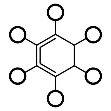 Atomları veya grupları temsil eden altı bağlı halkalı altıgen bir halkayı gösteren basitleştirilmiş bir kimyasal diyagram..