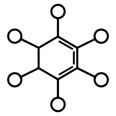 Altı üyeli bir halkanın köşelerine altı atom iliştirilmiş basitleştirilmiş iskelet diyagramı..