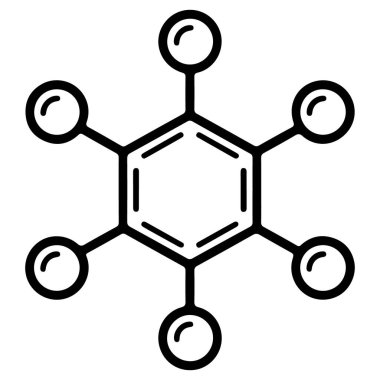 Bir kimyasal molekülü temsil eden, köşelerine altı küre iliştirilmiş altıgen bir halkanın stilize edilmiş bir çizgi çizimi..