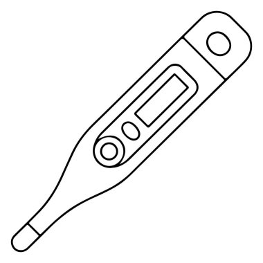 Beyaz arkaplanda ekran ve düğmeleri olan bir dijital termometrenin el çizimi..