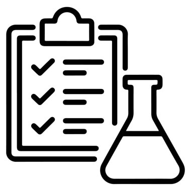 Bilim ve analizi temsil eden, kontrol listesi ve laboratuvar matarası olan bir pano tasvir eden bir simge.