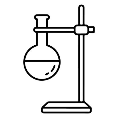 Alt yuvarlak bir şişenin basit bir çizimi laboratuvar tezgahındaki bir klemp tarafından askıya alınmış..