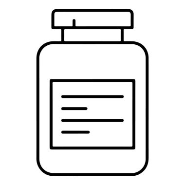 Bir reçete ya da metin için boş etiketli destek şişesinin minimalist siyah beyaz çizimi.