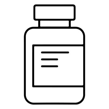 İlaçları ya da takviyeleri temsil eden boş etiket ve kapaklı bir ilaç şişesinin minimalist çizimi..