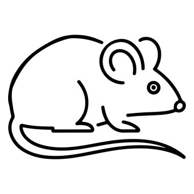 Minimalist siyah beyaz çizgili küçük bir kemirgen, bir fare, kuyruğu kıvrılmış.