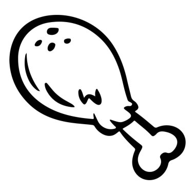 Kızarmış tavuk budu ve kemik içeren siyah beyaz çizgi film çizimi..