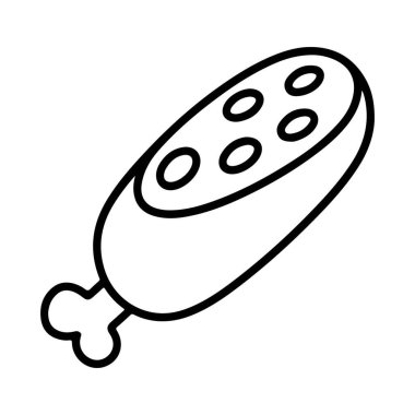 Görünür dairesel parçaları ve kemikleri olan kesilmiş bir sosisin minimalist siyah beyaz çizimi..