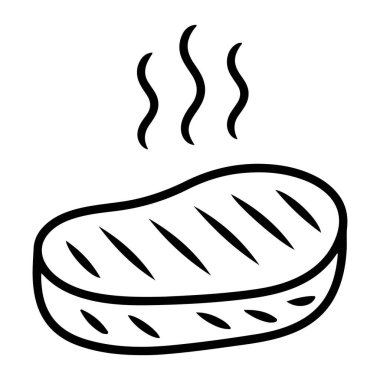 Görünür ızgara izleri ve yükselen buharla taze ızgara bifteğin basit bir siyah beyaz çizimi..