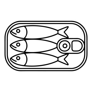 Minimalist bir siyah beyaz çizgi, üç sardalyayı dikdörtgen bir teneke kutuda resmediyor..