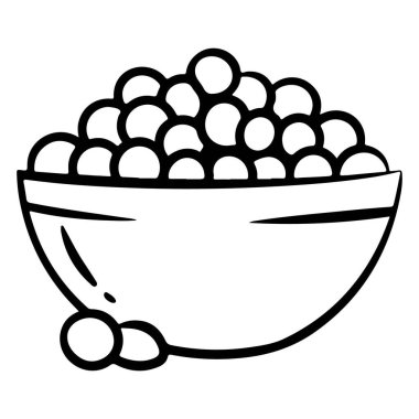 Bir minimalist siyah beyaz çizim, küçük yuvarlak nesnelerle dolu bir kase tasvir eder..